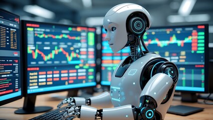 Futuristic ai robot trader analyzing financial data