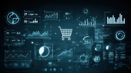 A stunning image of e-commerce Metrics Futuristic Background for Online Retail Analytics. Dynamic data visualization, charts, and graphs presenting insights into digital commerce.