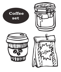 Coffee set of drawn vector doodles,  coffee object collection, jar, pocket, to go, simple doodles line art