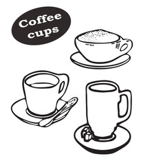 Coffee set of drawn vector doodles, bar utencils, coffeecup set, line art doodles, cup with spoon