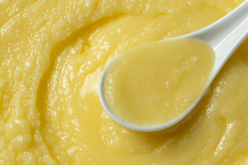 Natural Indian Traditional Ghee Butter Clarified Butter In Spoon Close-Up