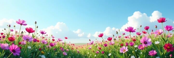 Fototapeta premium Delicate wildflowers in shades of purple and pink blanket a tranquil field against a clear blue sky , outdoor, landscape