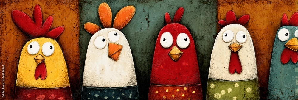 Poster whimsical cartoon hens gather around colorful eggs in a rustic, vibrant farm setting during an early
