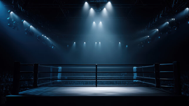 Illuminated boxing ring in a dark arena filled with anticipation before a big event
