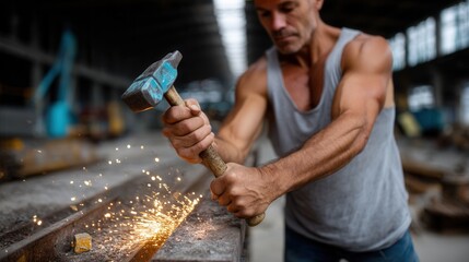 Middle-aged Man Wearing Sleeveless Shirt Using Hammer to Work on Metal Surface in Industrial Workshop