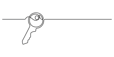 Single line drawing of a house with a key, Set of keys against white background, Continuous one line art drawing symbol of house keys, Real estate line icon vector design, Continuous one line key