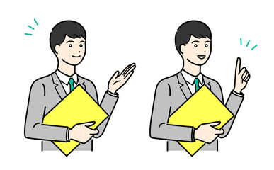 バインダーを抱えて説明するビジネススーツの男性のシンプルな上半身ベクターイラストセット