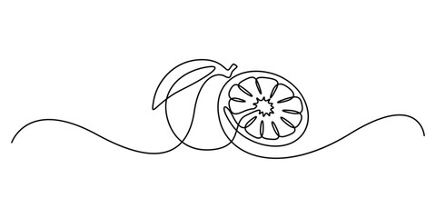 Continuous single line drawing of orange fruit, Orange fruit in one line art drawing style, Continuous single line drawing sliced healthy organic lemon for orchard logo identity. Vector illustration