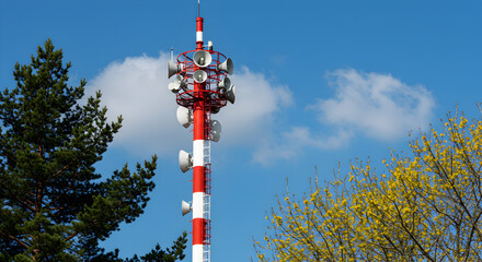 Obraz premium Red and White Telecommunications Tower with Antenna Arrays Against Clear Blue Sky Framed by Green and Yellow Trees Outdoors