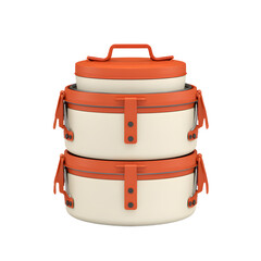 A stack of three round food containers in beige and orange is isolated on a white background, showcasing a practical and aesthetically pleasing kitchenware set.