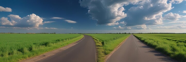Asphalt road cuts through vibrant green fields under a dramatic blue sky , nature, infrastructure