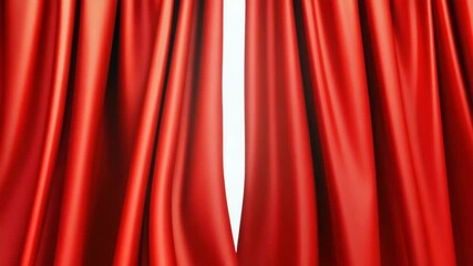 The red curtain opens to the sides to reveal a white background