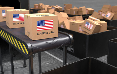 Made in USA products are on the automated conveyor belt. 3D illustration