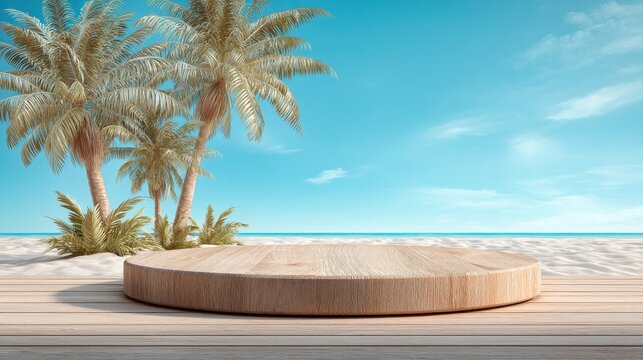 A stunning image of wooden deck,podium on tropical beach with palm trees and blue sky background. Beach podium summer background product 3D display platform.