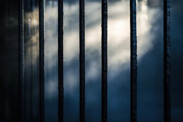 Dark metal bars frame a hazy, out-of-focus view.