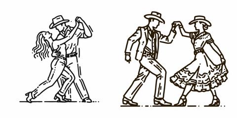 Cowboy Dancing with partner. Western rodeo Outline Clipart line art doodle vector illustration. Country duet choreography rustic hoedown routine partnered performance.