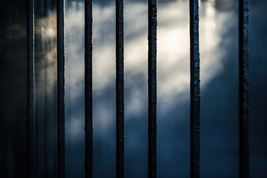 Dark metal bars frame a hazy, out-of-focus view.