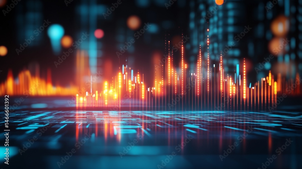 Fototapete bright gradient d bars rising from a digital floor with soft reflections, creating a futuristic data