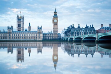 Fototapeta premium Morning reflections of the Houses of Parliament and Big Ben over the River Thames
