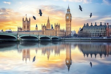 Naklejka premium Golden sunrise over the River Thames with Parliament and Big Ben in the background