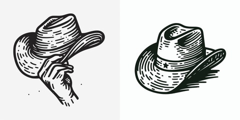 Cowboy Hat tipping. Western rodeo Outline Clipart line art doodle vector illustration. headwear gesture rural custom respect signal informal etiquette.