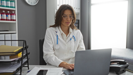 Woman doctor in hospital clinic wearing glasses and white coat working on laptop in office...