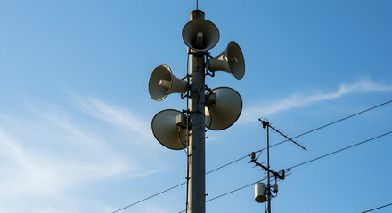 Obraz premium Tall Gray Pole with Multiple White Horn Speakers Under a Clear Blue Sky Broadcasting Across Rural Town on Bright Day