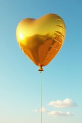 Fototapeta premium Gleaming gold balloon floats on long string against a clear sky , ribbon, golden, object