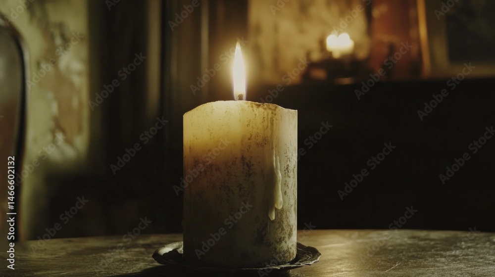 Poster Close-up of a flickering candle flame in a dark room, casting soft shadows and creating a cozy ambiance, emphasizing the glow and warmth