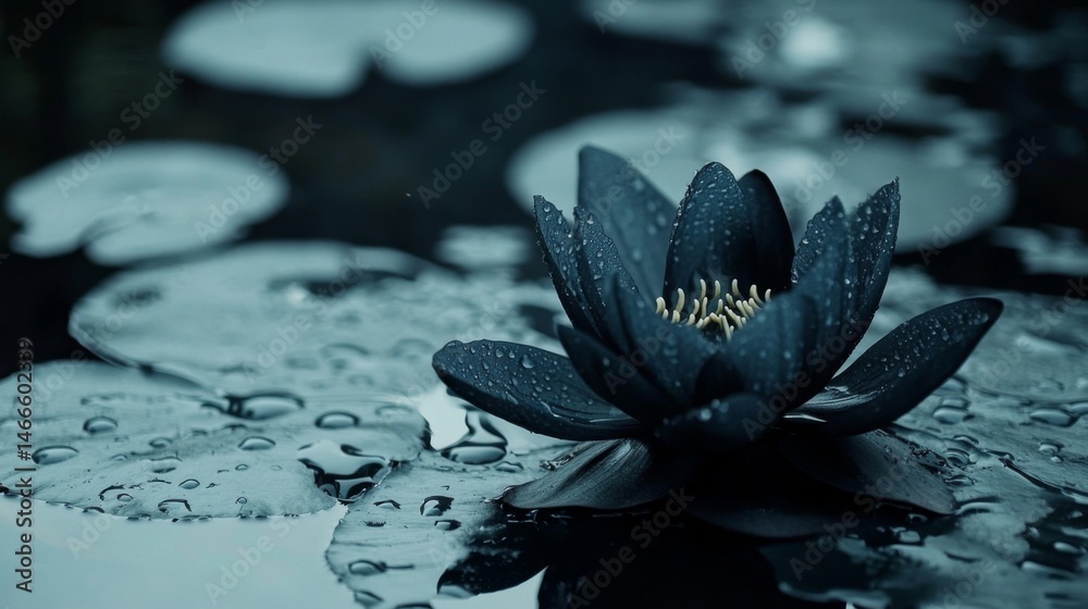 Poster close-up of a lotus flower with raindrops on its petals and leaves, surrounded by the reflective sur
