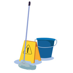 mop and warning signs. Yellow cleaning warning sign with mop in blue bucket bubble  © Retno