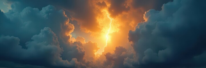 Golden ray pierces ominous storm clouds, revealing brilliant azure expanse , visual, celestial