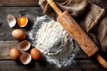 Preparing Dough on a Wooden Countertop With Flour, Eggs, and a Rolling Pin for Baking Cookies or Pastries at Home Generative AI