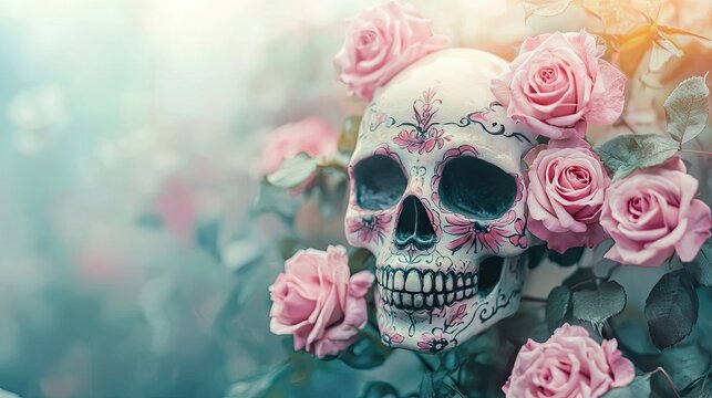 Delicate sugar skull adorned with tender pink roses.