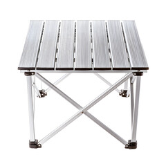 A lightweight aluminum folding table stands ready for outdoor use, providing a convenient surface for camping or picnicking against a clean white background.