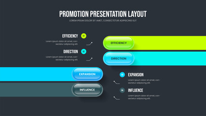 Product Launch Four Option Infographic Slideshow Template. Service Forecast Frame Layout Vector Illustration. Modern Performance 4 Element Diagram Slide Design.