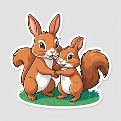 Two Cute Squirrels Embracing on Green Grass