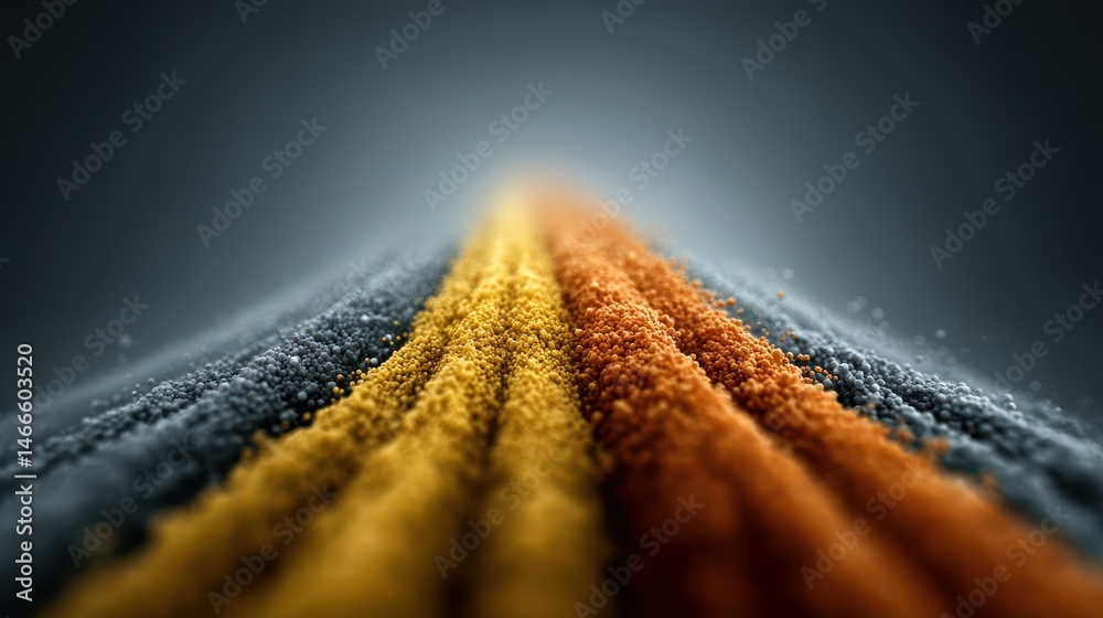 Poster an abstract close-up showcasing vibrant colored sands arranged in a gradient pattern against a dark 