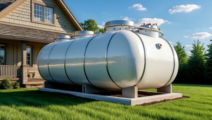 Obraz premium Large white propane tank installed on rural lawn