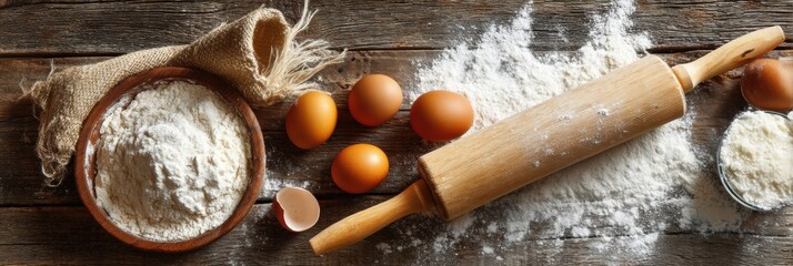 Preparing to Bake With Flour, Rolling Pin, and Eggs on a Rustic Wooden Countertop in a Cozy Kitchen Setting During the Morning Generative AI