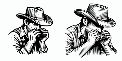 Cowboy Playing harmonica. Western rodeo Outline Clipart line art doodle vector illustration. musician blowing blues instrument solo rural performer honky-tonk vibe.