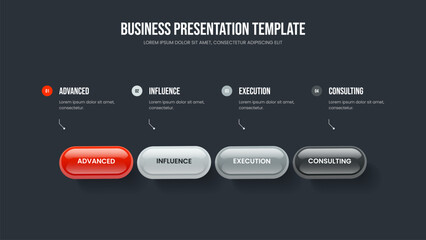 Naklejka premium Corporate Performance 4 Step Diagram Presentation Template. Product Introduction Four Option Infographic Slideshow Design. Consulting Briefing Frame Layout Vector Illustration.