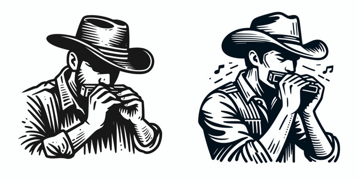 Cowboy Playing harmonica. Western rodeo Outline Clipart line art doodle vector illustration. Rancher blowing mouth organ rural melodic performance rustic music.