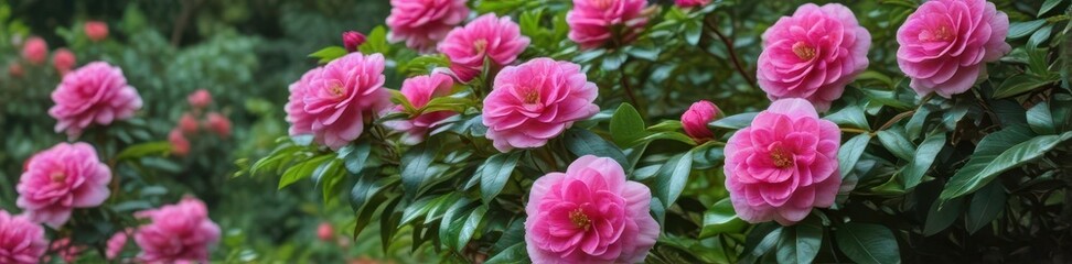 Delicate pink camellia, vibrant green leaves  Lush garden setting, closeup, photography, flower