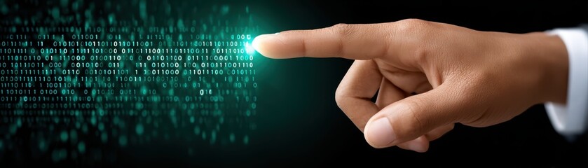 A person's finger touches glowing binary code on a digital interface.