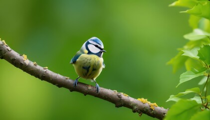 Tiny blue tit singing, surrounded by fresh green leaves of a tree, branch, cute, songbird