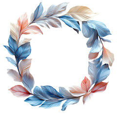Watercolor feather wreath frame design for invitations and decorations on transparent background
