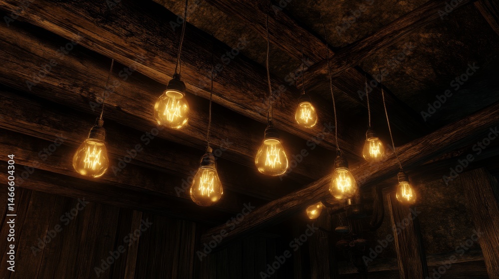 Poster Cozy warm light bulbs hanging from a rustic wooden ceiling, illuminating the space with a soft amber glow against a dim background