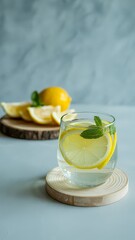 Fresh yellow citrus fruits, lemon and lime, with juice in a clear glass offer a healthy and cold refreshment