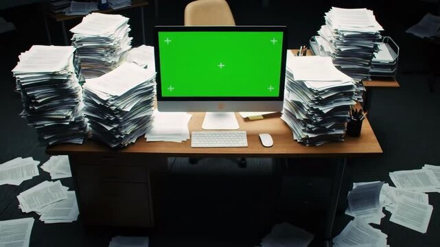 Hectic Office Desk. Overwhelmed Office. Green Screen Monitor Surrounded by Paperwork